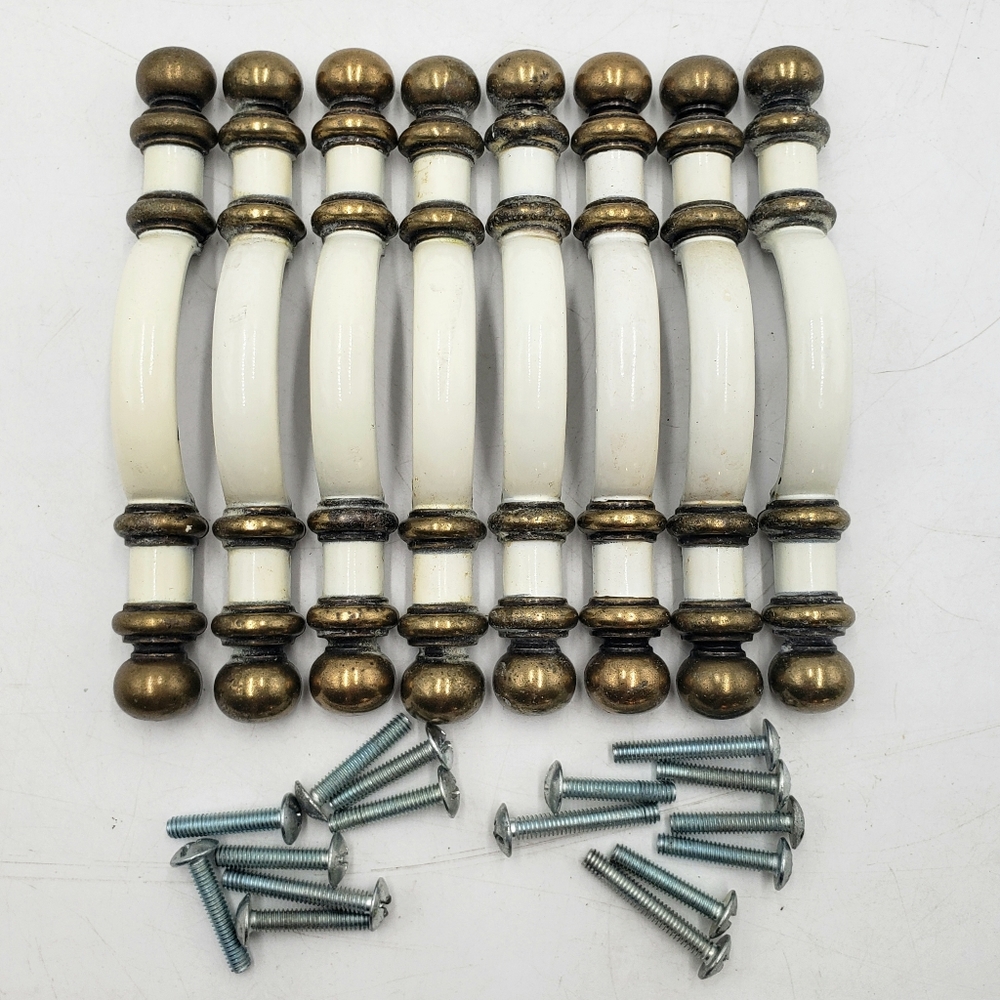 8 Vtg Brass White Enamel Drawer Pull Handles Amerock 5 in With 3 Inch Center